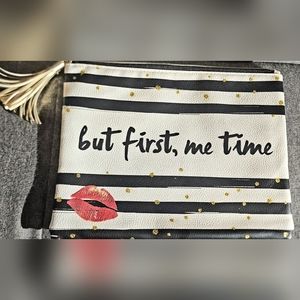 But first Me time black and white pin striped with kiss laege makeup pouch